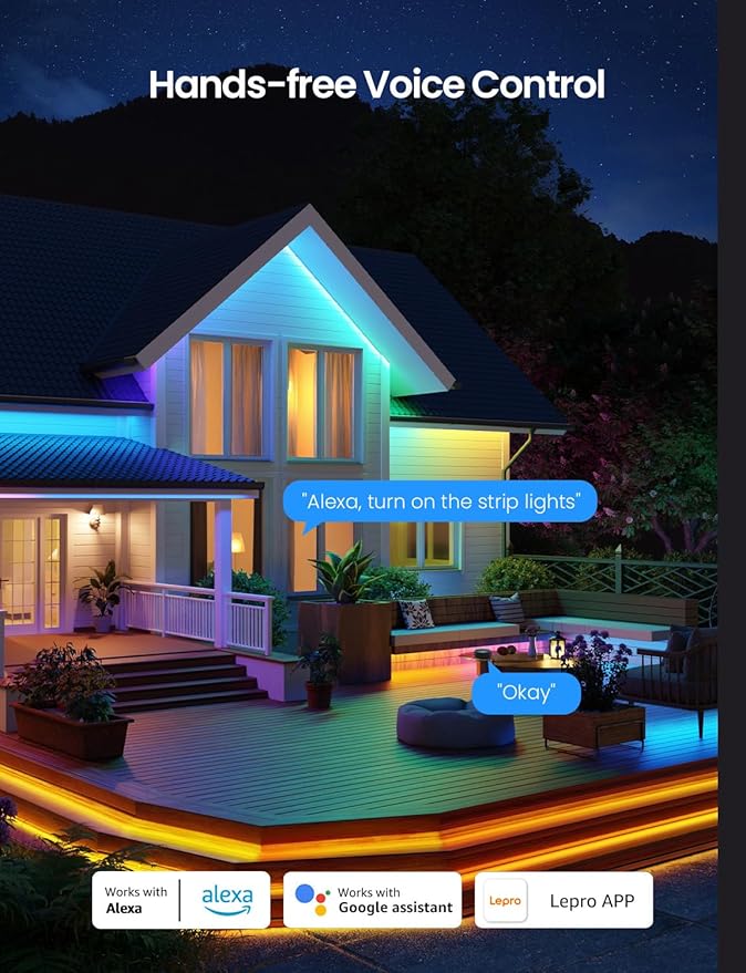 Lepro SW1 AI Smart Outdoor LED Strip Lights - 49.2ft IP65 Waterproof RGBCW Light Strips, 2700K-5700K Tunable Warm White, APP Control(No Remote), 2.4G Wi-Fi Lights for Holiday Decor, House, Porch, Eave