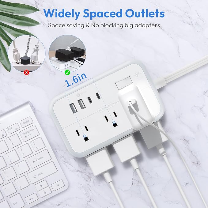 Surge Protector Power Strip with 6 Outlets 4 USB Port, 5 Ft Flat Plug Extension Cord Outlet Extender, White Extension Cord with Multiple Outlets for Indoor, Home, Office Supplies, Dorm Room Essentials