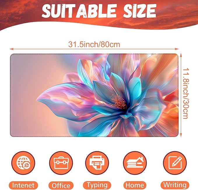 Large Gaming Mouse Pad, Elegant Luxury Colorful Flowers Desk Mat, Holographic Hues Abstract Bloom Desk Pad, 31.5"x15.7" Extended Big Mouse Pad with Non-Slip Base and Stitched Edge