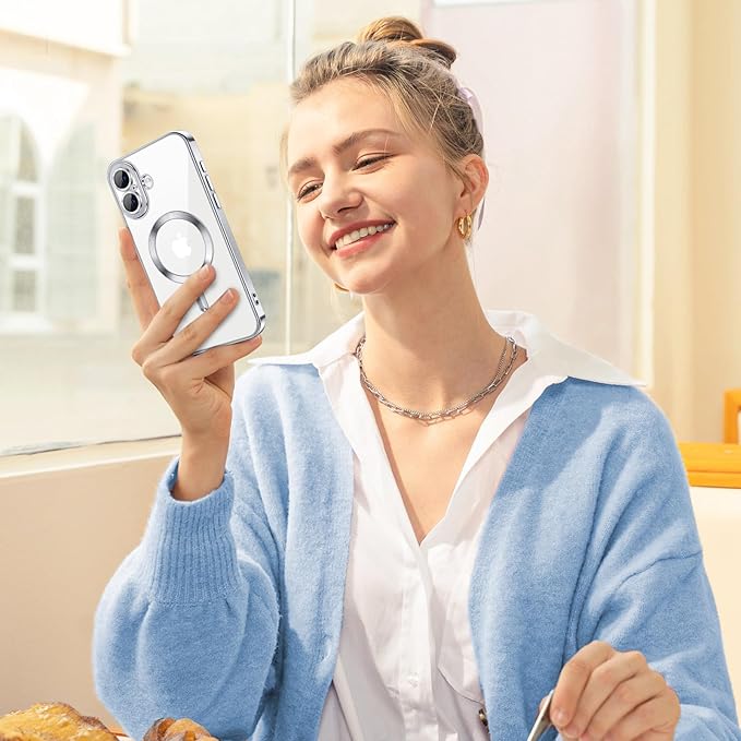 Hython Magnetic Clear for iPhone 17 Case with Camera Lens Protector [Compatible with MagSafe] Luxury Plating Edge Slim Soft TPU Cover Protective Phone Case for iPhone 17 6.3", Silver