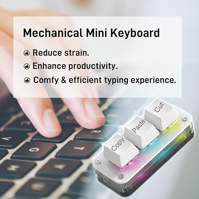 Copy Keyboard, Cut Copy Paste Keypad, One Handed Macro Keypad, Programmable Mechanical Keyboard for Working and Gaming, Shortcut Keyboard for PC, MAC, Laptop (White)