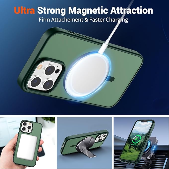 SUPFINE Magnetic for iPhone 13 Pro Case (Compatible with MagSafe) (Military Grade Drop Protection) Translucent Matte Shockproof with Anti-Fingerprint Phone Case,Forest Green