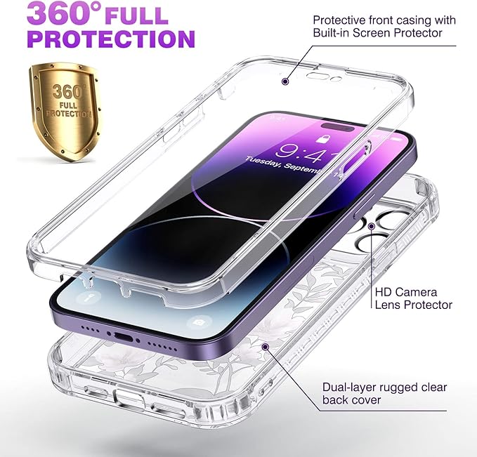 Diaclara Designed for iPhone 14 Pro Max Case 6.7’’, Full Body Rugged Phone Case w/Built-in Sensitive Anti-Scratch Screen Protector+9H Tempered Glass Camera Lens Protector(Clear Flower)