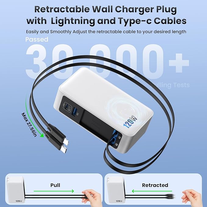 USB C Charger Block 120W with Built-in 2 Retractable Cables,4-in-1 GaN IV Charger Fast Charging Foldable Plug Wall Charger,PD 65W Laptop Charger for MacBook,iPad,iPhone 17/16/15,Galaxy,Android-White