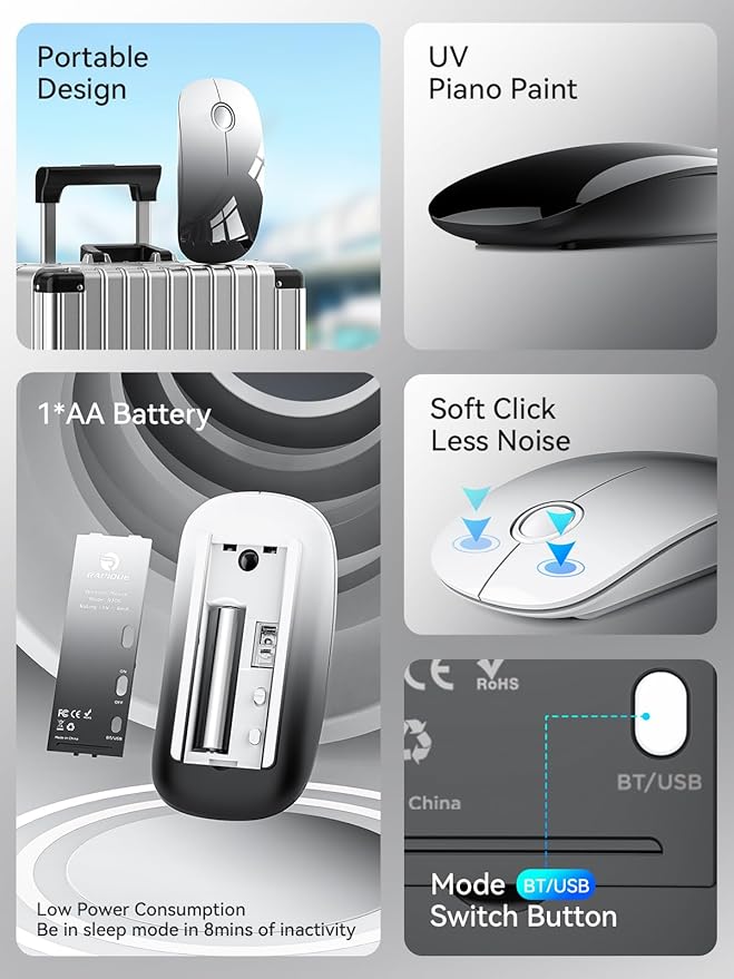 RAPIQUE Bluetooth Wireless Mouse - (BT5.1+USB) Dual Connectivity, Quiet Click, Low Power, and 1600 DPI, Portable Cordless Mouse for Laptop, MacBook Pro/Air, iPad (White to Black)