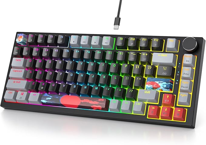 Fogruaden 75% Wired Mechanical Gaming Keyboard - 75 Percent TKL Hot Swappable Gasket Mount, Red Switch, RGB Backlit 82 Keys, NKRO Compact with Knob (Dark)