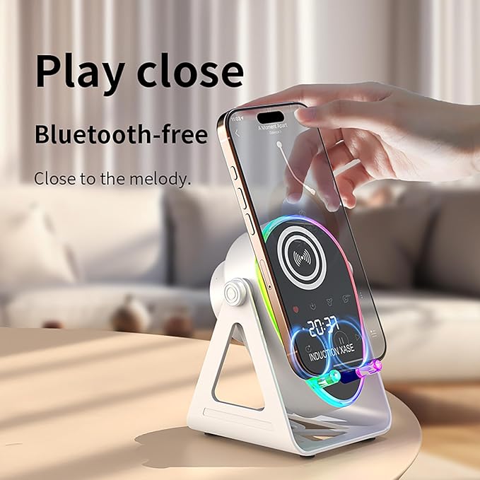 5 in 1 Induction Bluetooth Speaker with Phone Stand, 1800mAh RGB Lighting Induction Speaker, 360° Surround Sound, 4-13" Device Fit, Ideal for Men Women, Parties, Gaming
