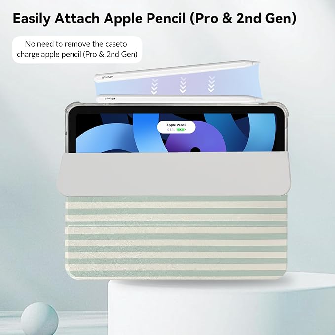 Lovmooful Compatible for iPad Air 6th 11-inch M2 (2024),iPad Air 5/4 (2022/2020 5th/4th Generation 10.9-Inch) Case with Pencil Holder Cute Striped Design Soft TPU Trifold Stand Protective-Green
