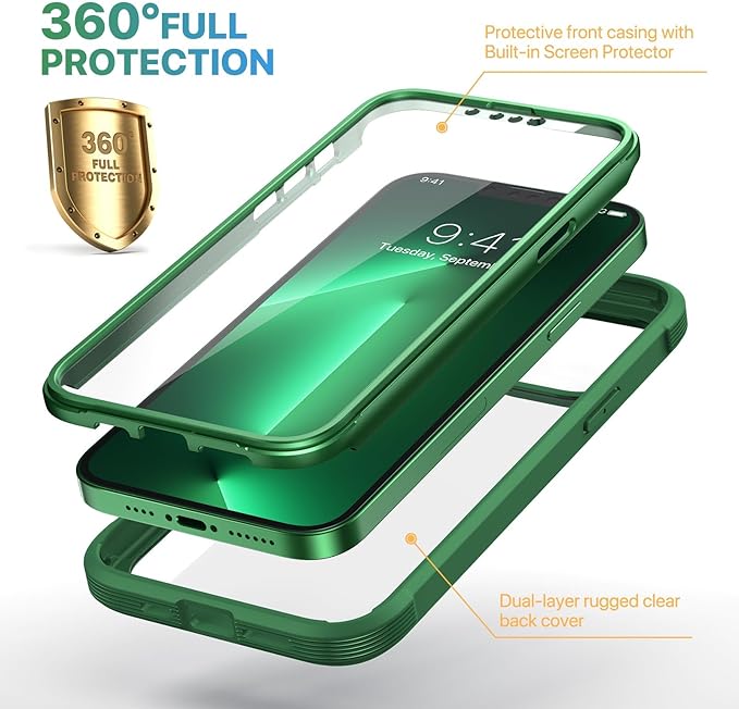 Diaclara for iPhone 13 Pro Max Case, Full Body Rugged with Built-in Touch Sensitive Anti-Scratch Screen Protector, Soft TPU Bumper Case for iPhone 13 Pro Max Case 6.7", Green
