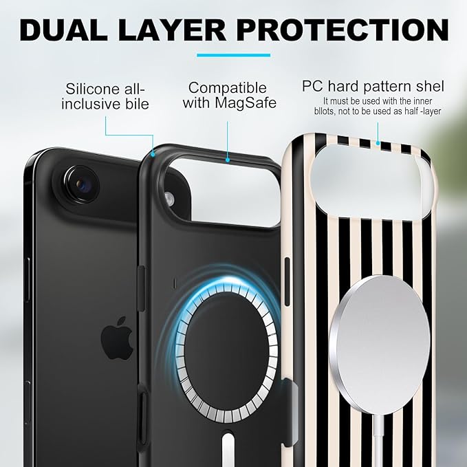 Magnetic for iPhone 17 Air Case Cute Stripes Phone Case, Shockproof Slim TPU and Hard PC Protective Phone Cover Compatible with MagSafe Designed for Women Girls, Black and White