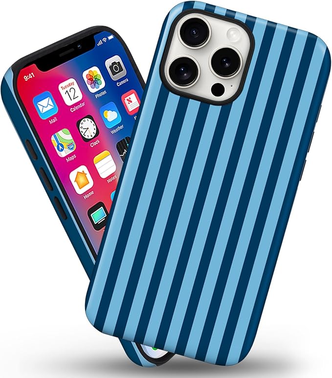 Magnetic for iPhone 15 Pro Max Case Cute Stripes Phone Case, Shockproof Slim TPU and Hard PC Protective Phone Cover Compatible with MagSafe Designed for Women Girls, Lake Blue