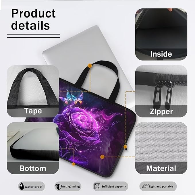 Purple Rose Butterfly Laptop Sleeve 12 Inch, Laptop Tote Bag for Women Girls, Waterproof Computer Tablet Handbag Case with Handle, Carrying Case Laptop Cover for Travel/Business/School