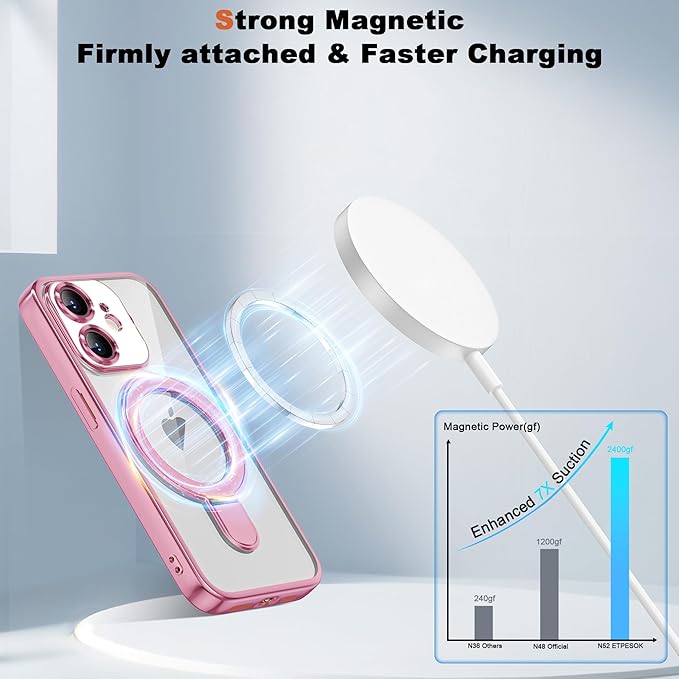 Compatible with iPhone 12 Case with Invisible Magnetic Ring Stand [Compatible with Mag-Safe] [Full Camera Lens Protector] Plating Clear Phone Case for iPhone 12 6.1", Pink