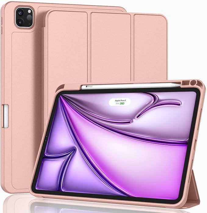 ZryXal New iPad Air 13 Inch Case M3 2025/M2 2024 with Pencil Holder, Trifold Stand Smart Case with Soft TPU Back,Auto Wake/Sleep(Rose Gold)