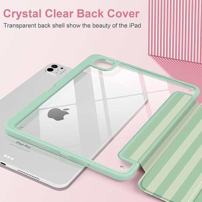 Case for iPad Pro 13 Inch (M5 2025 M4 2024) – [Built-in Pencil Holder], Shockproof & Stylish, Clear Hard Back + Soft TPU Edge, Magnetic Trifold Stand, Auto Wake/Sleep, Green Striped