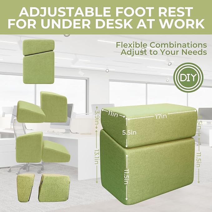 Avocado Adjustable Foot Rest for Under Desk at Work – Ergonomic Linen Memory Foam Footrest Pillow with Breathable Washable Cover, DIY Height Adjustment for Office Chair, Gaming, Home & Travel Use