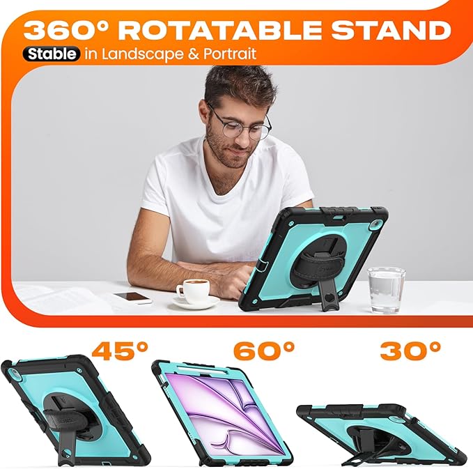 SEYMAC stock Case for iPad Air 13-inch M4-M2 2026-2024 (Gen 8-6), Shockproof Heavy Duty Case with Screen Protector, Pencil Holder, Rotating Stand, Hand Strap, Shoulder Strap, SkyBlue