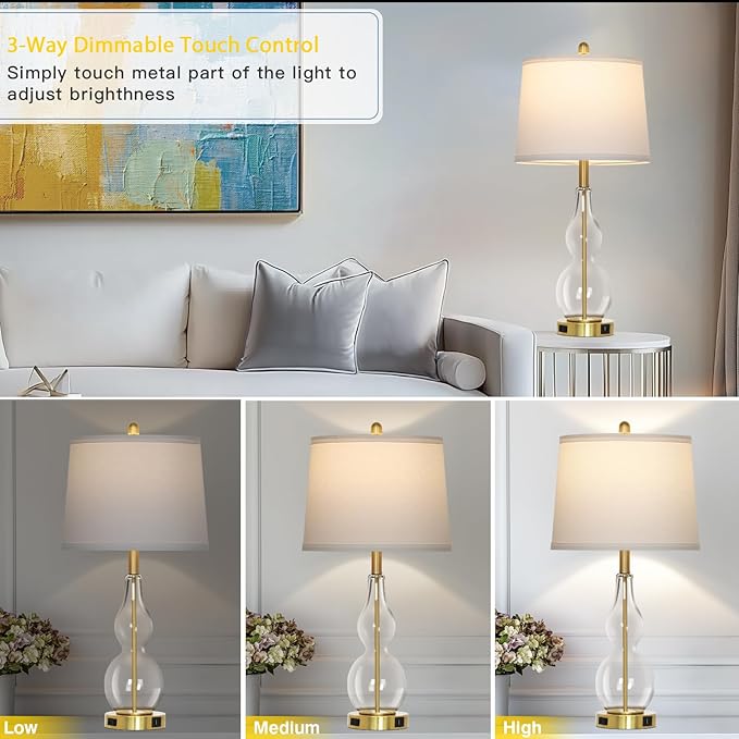 Rinweey 27.5" Clear Glass Table Lamp Set of 2,3-Way Dimmable Touch Control Bedside Lamps with USB Ports and AC Outlet, Modern Nightstand Lamps Gold lamp for Bedroom Living Room
