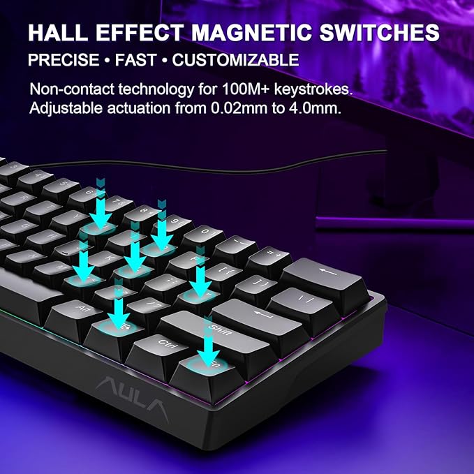 Aula WIN60 HE 60% Mechanical Keyboard Wired, Hall Effect Gaming Keyboard Magnetic Switch Hot Swappable, Adjustable Actuation Rapid Trigger Mode 8000Hz Polling Rate, RGB Keyboard 60 Percent Design