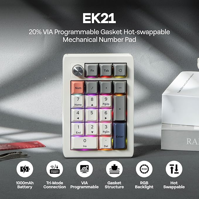 EPOMAKER EK21 VIA Gasket Number Pad with 1000mAh Battery, BT 5.0/2.4GHz/Wired Hot-Swap Numpad with Aluminum Alloy knob, Programmable for Win/Mac/Gaming (Retro White, Wisteria V2 Switch)