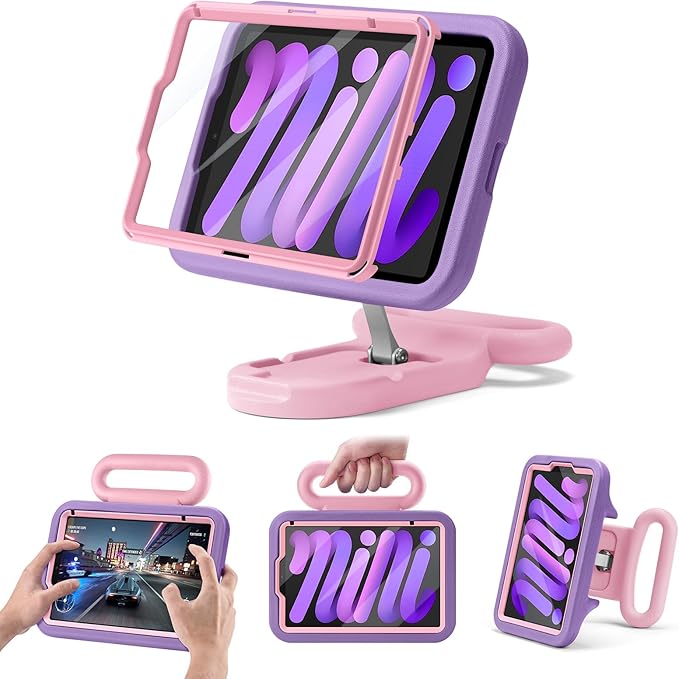 Kids Case for iPad mini 7 (A17 Pro) 2024 /iPad Mini6 2021,Adjustable Portrait/Landscape Stand//Drop Proof with Handle/Kickstand,Child Friendly Case for iPad mini 7th/6th Gen 8.3inch (PurplePink)