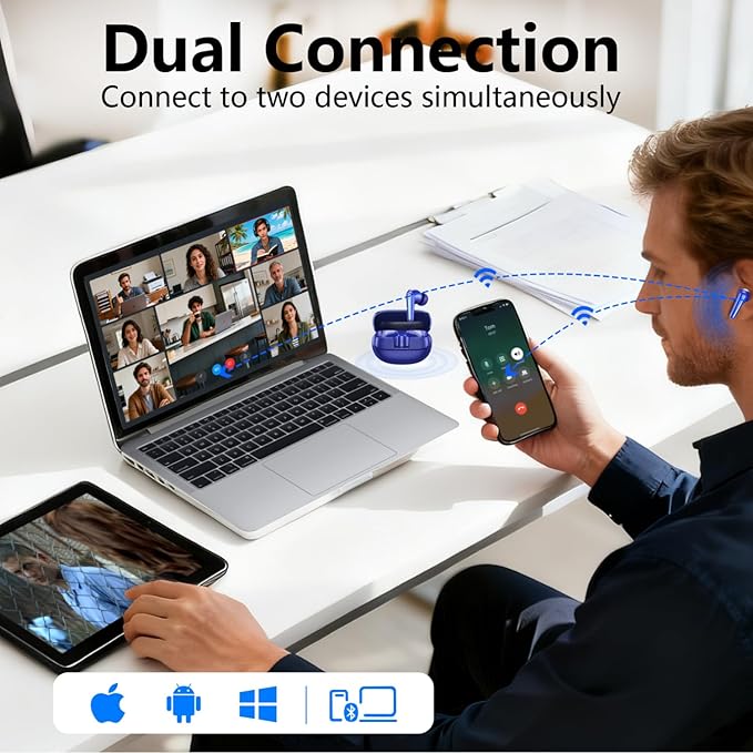 Active Noise Cancelling Wireless Earbuds with 60 Hour Long Battery Life,Bluetooth 5.4 in-Ear Earphones,Multi-Device Pairing,Enhanced Clear Call,Hi-Fi Stereo Ear Buds for Sport Walk