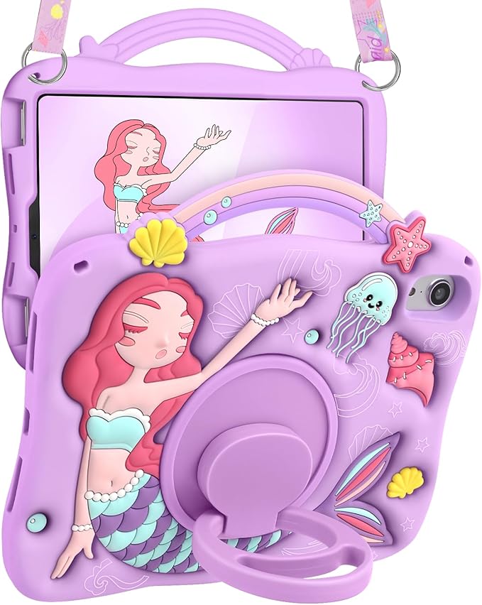 Boaretiu for iPad mini 6 Case/Mini A17 Pro Case - 3D Cute Cartoon Mermaids Girls Teens Soft Silicone for iPad mini 7/6 8.3 Inch Tablet Cover with Strap & Rotating Stand