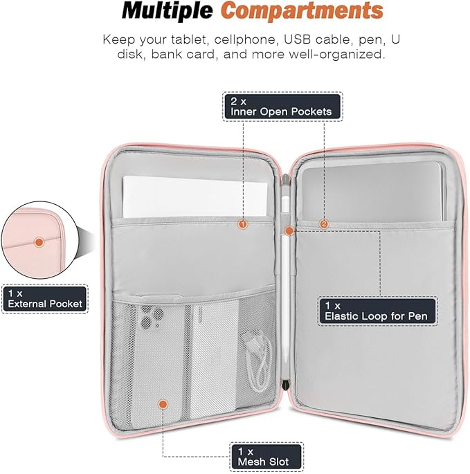 MoKo 13 Inch Tablet Sleeve Bag, Compatible with New 13 Inch iPad Pro M5 & Air M4/M3, iPad Pro 12.9 inch M2&M1, Galaxy Tab S8+/S9+ 12.4", Waterproof Bag Carrying Case with Pocket, Pink