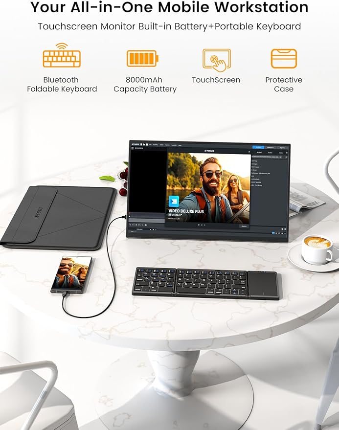 UPERFECT Portable Monitor Touchscreen 15.6'', Laptop Monitor with Bluetooth Keyboard, Built-in 8000mAh Battery | Adjustable Stand | Speakers, Ultra-Slim External Screen for Phone, Game Console