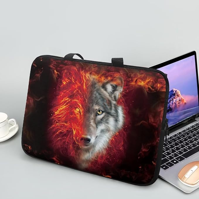 Flaming Wolf Laptop Case 10 Inch Sleeve, Protective Computer Covers with Accessory Pocket, Wildlife Animal Compatible Sleeve Bag for Most 10-17 Inch Notebooks, Black & Red