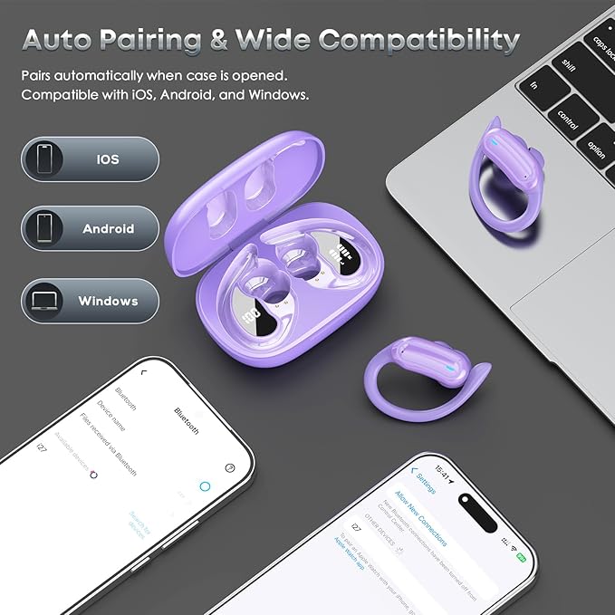 Wireless Earbuds Bluetooth 5.4 Headphones, 54H Playtime Stereo Earphones with Noise Cancelling Mic, IPX7 Waterproof, Fast Charging and Comfort Fit Ear Buds for Fitness/Sports/Workouts/Travel Purple