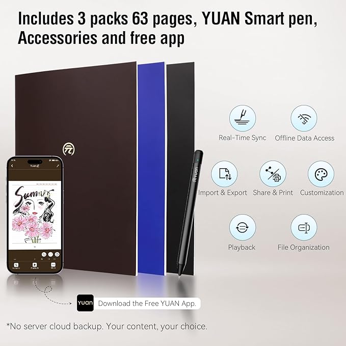 Yuan Smart Notebook with Smart Pen, Real time Sync Digitizing to Phone/Tablet, Smart Writing Cuaderno Digital for Students, Sketching, Note-Taking, Art & Meeting, Digital Paper Tablet, iOS & Android Compatible