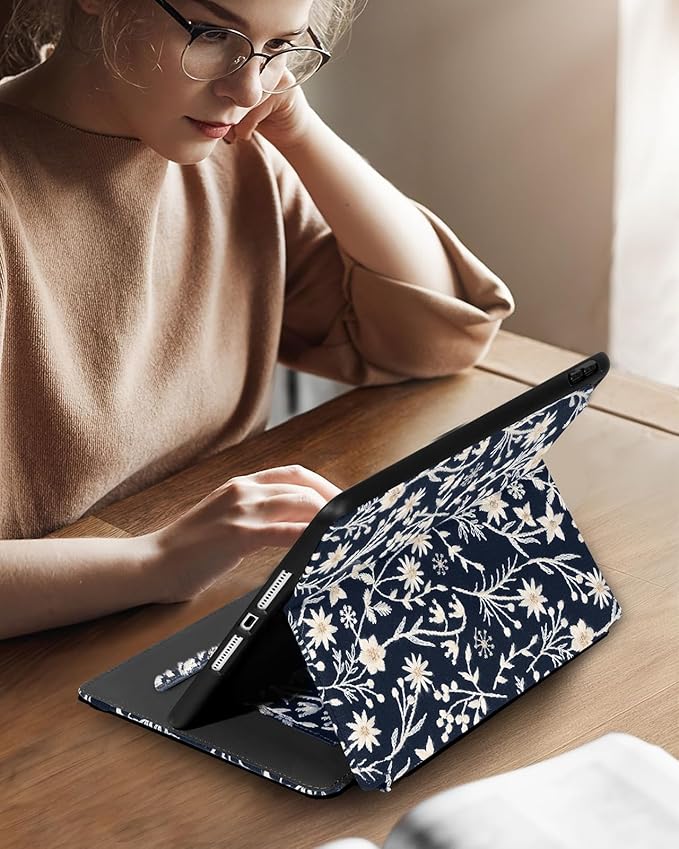 Uppuppy for iPad 9th/8th/7th Generation Case 10.2'' - for Women Girls Cute Embroidered Folio Stand Cover with Pencil Holder & Card Slot Girly Kawaii Flowers Design Aesthetic Cases for iPad 7th/8th/9th