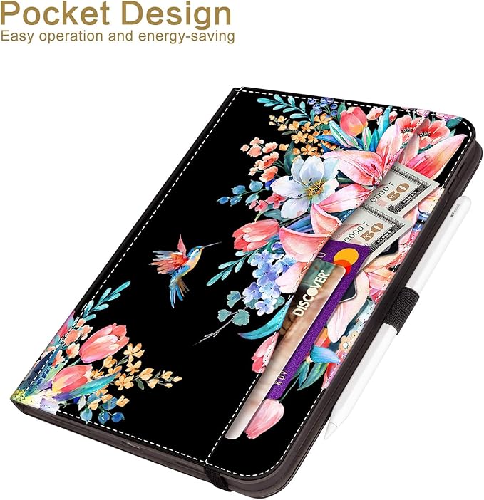 Vimorco Case for iPad (A16) 11th Generation 2025, for iPad 11th/10th Generation Case, Pencil Holder&Handle Strap&Pocket, Multiple Stand Protector PU Leather Shell Cover, Black Flower Hummingbird