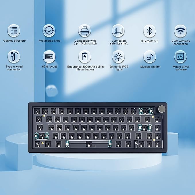 BOYI GMK67 Barebones Keyboard Kit,65% RGB Hot-Swap Gasket Mounted Tri-Mode BT/2.4GHz/USB-C 4000mAh Wireless Custom Programmable Mechanical Gaming Keyboard DIY Kit with Knob(Black)