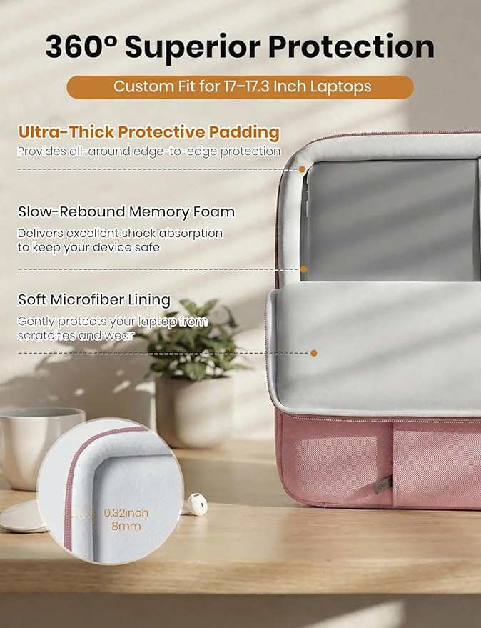 DOMISO 17.3 inch Laptop Sleeve Case Water Resistant Shockproof Protective Computer Bag for 17.3" Notebook/IdeaPad/LG Gram/HP Pavilion Envy 17/MSI with Accesory Bag,Pink