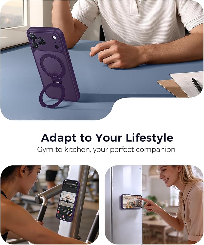 FNTCASE for iPhone 17 Pro-Max Case: [360 Spin Magnetic Stand] [Compatible with Magsafe] [Screen Protector] Translucent Matte Military Grade Shockproof Full Camera Protective Phone Cover - Purple