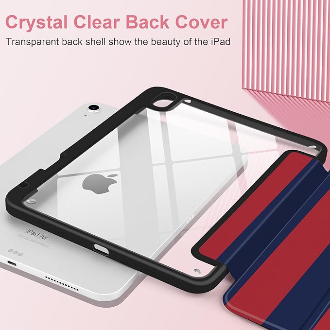 Case for iPad Air 11 inch M4 2026 M3 2025 M2 2024 Release with Pencil Holder Clear Back Shell Lightweight Shockproof TPU Edge Trifold Stand Auto Wake Sleep Cute Cover, Red Navy Stripes