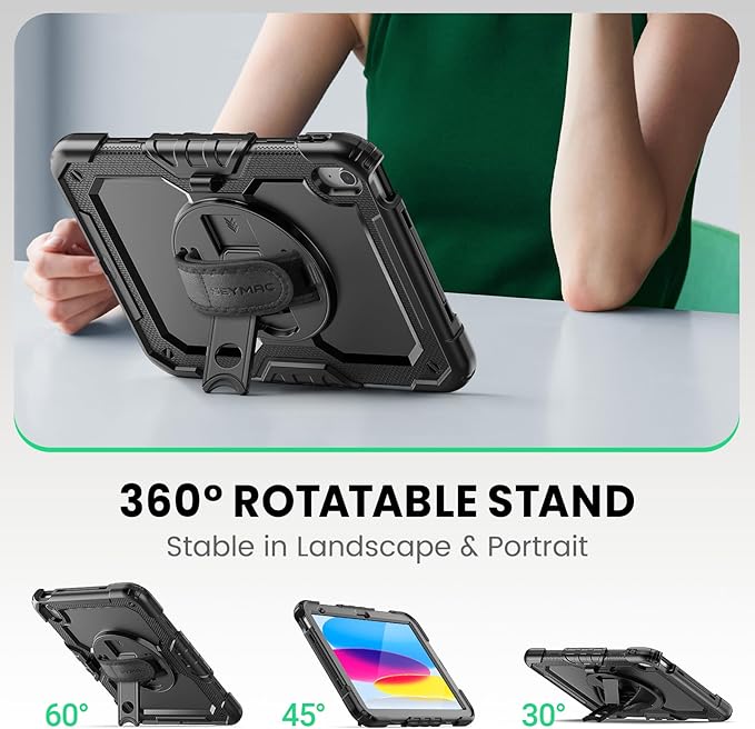 SEYMAC Case for iPad (A16) 11th/10th Generation 2025/2022 (11″/10.9″), Sturdy Heavy Duty Full-Body Shockproof Protective Case with Screen Protector, Rotating Stand, Hand/Shoulder Strap, Black