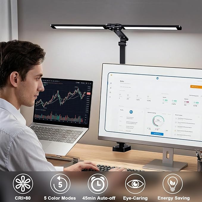 CHARYJOD LED Desk Lamp for Office Home, Height Adjustable Architect Desk Light with Clamp, Eye Caring Stepless Dimming Desk Lamp for Reading, Study, Workbench, 50 Lighting Models