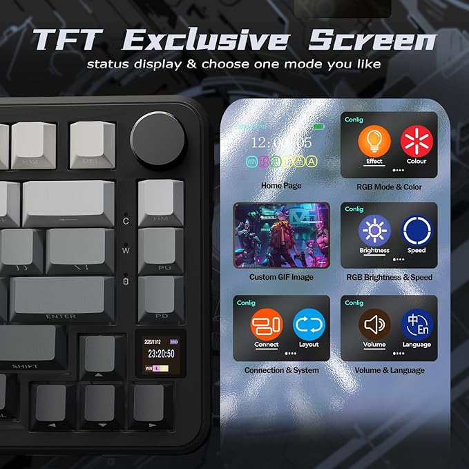 ATTACK SHARK X85 Pro Wireless Mechanical Gaming Keyboard with TFT Screen & Knob Hot-Swappable BT5.1/2.4Ghz/USB-C RGB Backlit Gasket Mount Gradient Side-Print PBT Keycaps for Win/PC/MAC-Moon Night