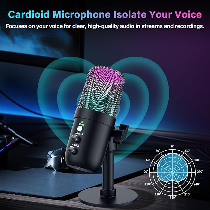 USB Microphone, Computer Condenser Mic with Noise Cancellation, Echo Mode, RGB Lighting, Mute Button, Plug & Play Gaming Mic for PC, Mac, PS5, Streaming, Recording, Podcasting & Online Meetings