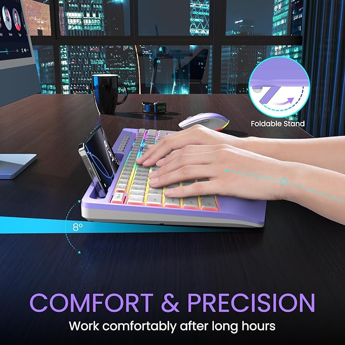 Wireless Keyboard and Mouse Combo- VEILZOR 2.4G Rechargeable Keyboard with Phone Holder, Ergonomic Wrist Rest, 9 RGB Backlit Effects, Silent Keyboard Mouse Set for Windows, Laptop, PC