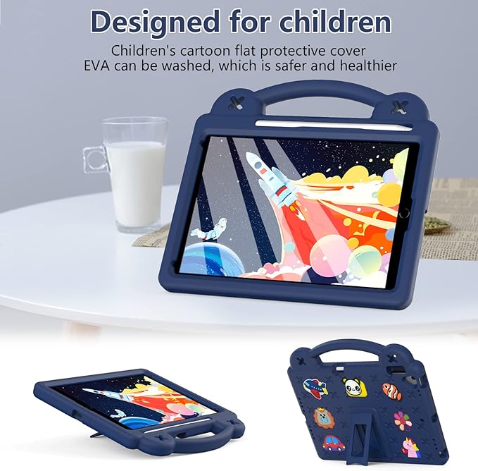 AKABEILA Compatible with Apple iPad 7 2019 10.2/iPad 8 2020 10.2/iPad 9 2021 10.2/iPad Pro 10.5 2017/iPad Air 3 2019 10.5 Tablet Case, Kids Case with Shoulder Strap & Stand Handle & Pen Tray Navy Blue