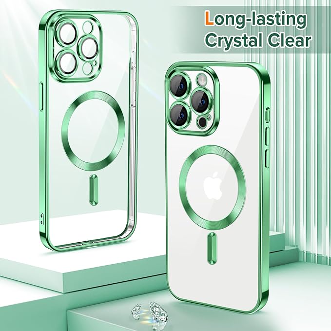 Hython Magnetic Clear for iPhone 14 Pro Case with Camera Lens Protector [Compatible with MagSafe] Luxury Plating Edge Slim Soft TPU Cover Protective Phone Case for iPhone 14 Pro 6.1", Light Green