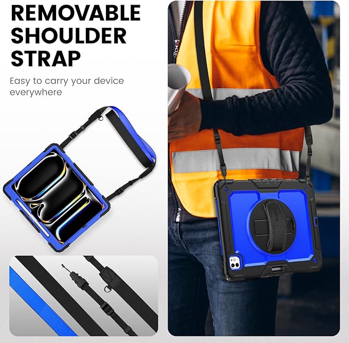 timecity Case for iPad Pro 13 Inch M5 2025/ M4 2024, 360° Rotating Stand, Pencil Holder & Wireless Charging, Shockproof with Screen Protector & Shoulder Strap - for Designers & Professionals,Dark Blue