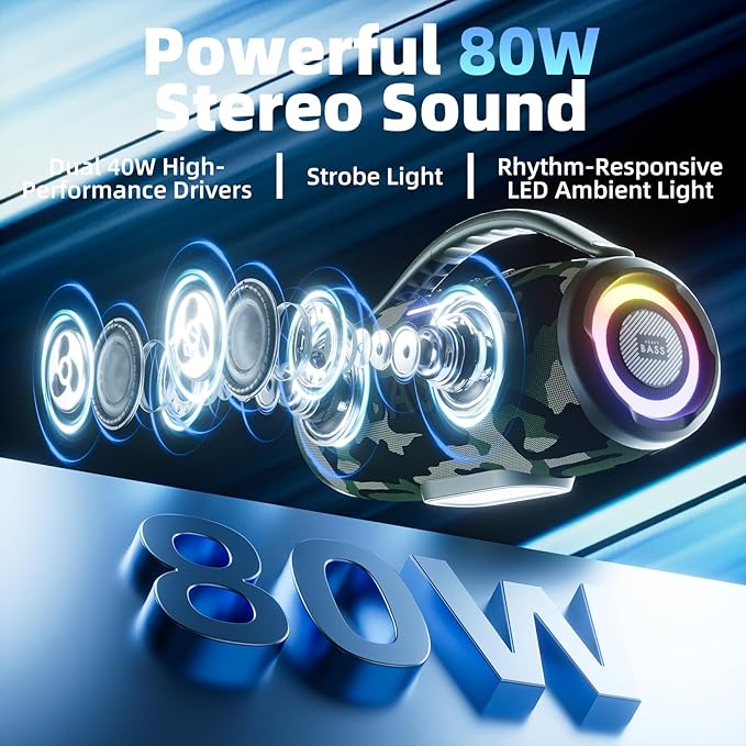 HEAVY BASS Speakers Bluetooth Wireless, 80W Max Loud Portable Speaker with Bass, 20H Playtime, IPX6 Waterproof, Dual Pairing, Gift Ideal for Adults Men Women Teen Boys Girls (Camo, Large)