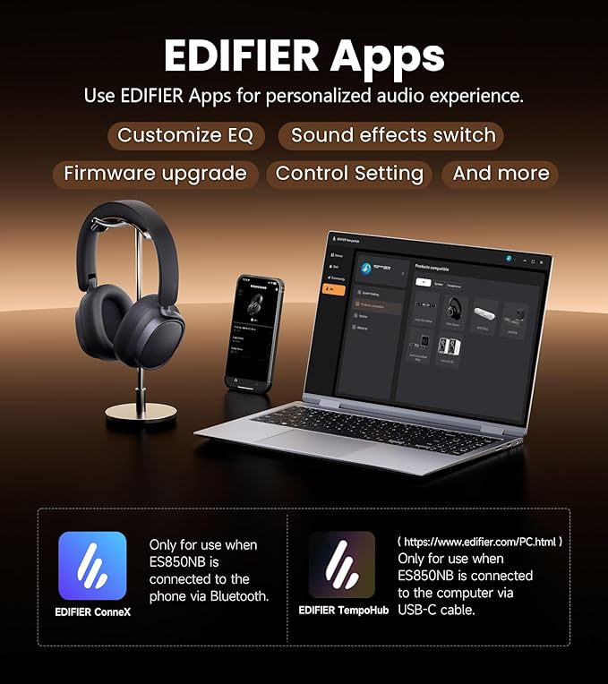 Edifier ES850NB Active Noise Cancelling Headphones, Over Ear Bluetooth Headset, 92H Playtime Wired & Wireless Hi-Res Audio Certified, Fast Charging Clear Calls for Home Office Travel (Pink)