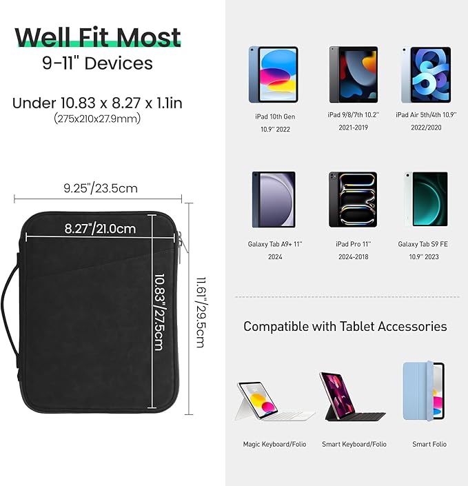 DTTO 9-11 Inch Tablet Sleeve Bag for iPad A16 11-in/Air 11-in M3 M2, iPad 10th Gen 10.9", iPad 9/8/7th Gen 10.2", iPad Air 5/4th Gen 10.9", iPad Pro 11, Galaxy Tab A9+, Waterproof Travel Bag, Black