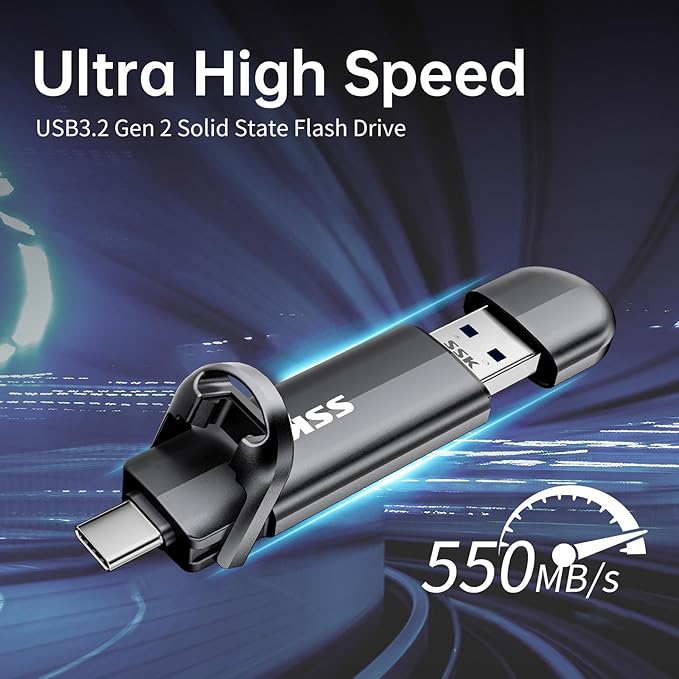 SSK 1TB Dual USB C Flash Drive, 2-in-1 Type C+USB A 3.2 Gen2 External Solid State Thumb Drive,Speed Up to 550MB/s Memory Stick Data Storage for iPhone 15/16/17/Android Phone/Tablet/MacBook/Windows